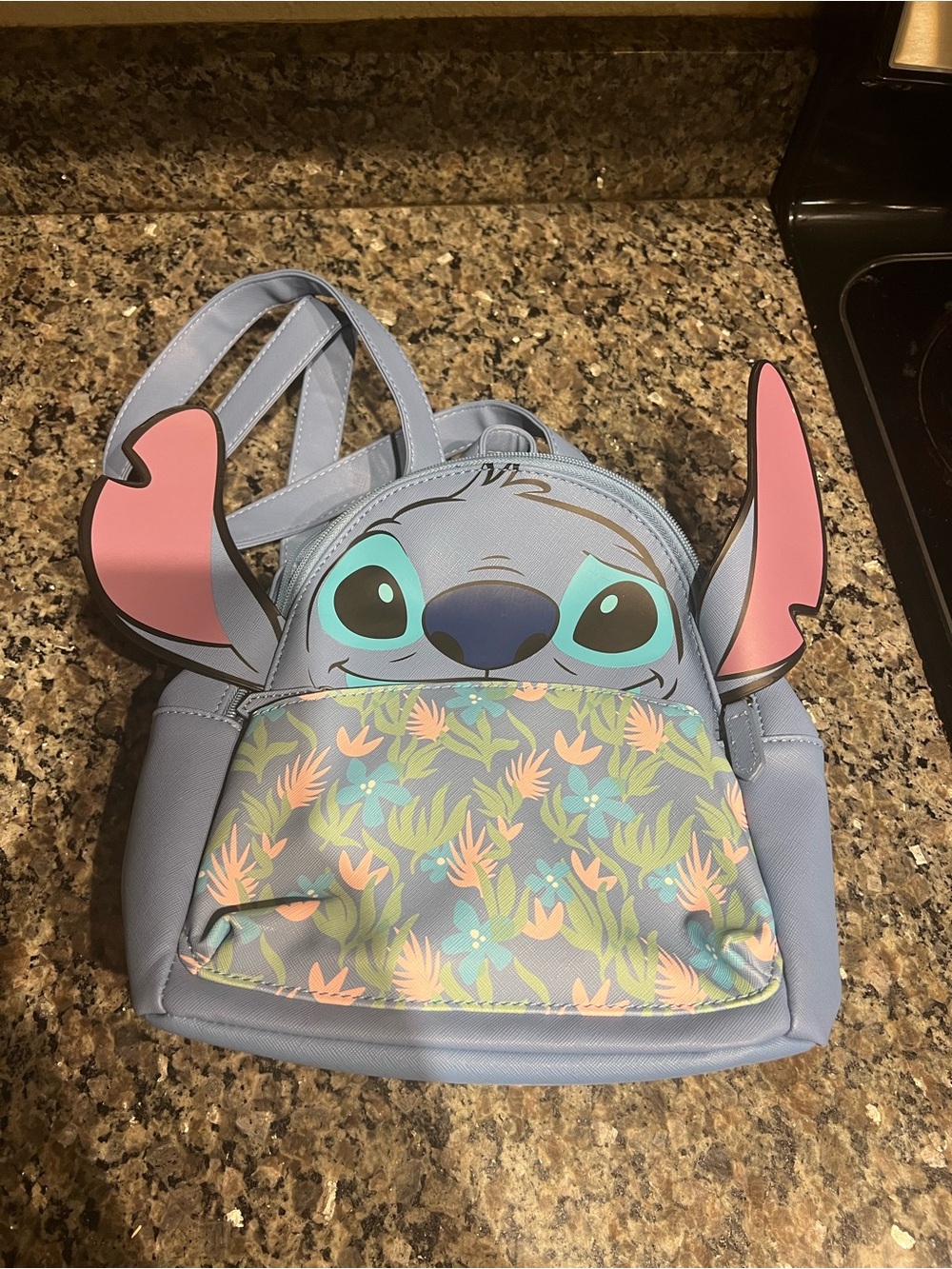 Disney Blue Stitch Mini Backpack with Floral Front Pocket